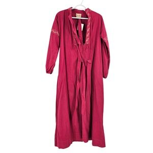 Vintage 70s Ramona Rull Dress Magenta Cotton Embroidered Tassel Maxi Boho NWT XS